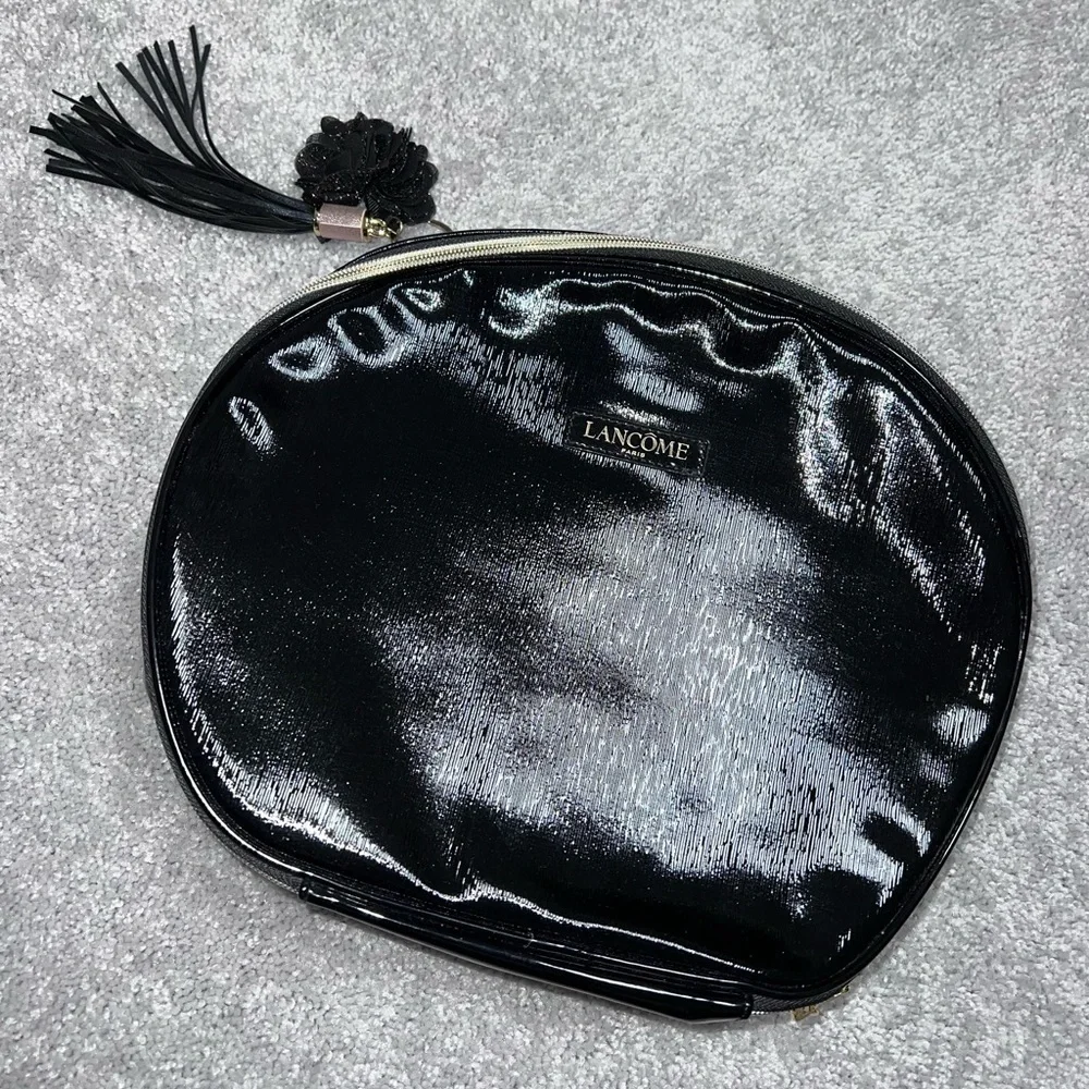 Lancome Makeup Toiletries X-Large Black Glossy Bag w Strap & Handle Rounded